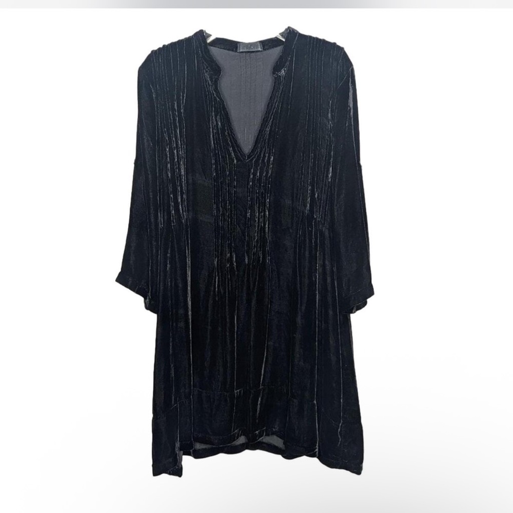 CP Shades Regina Silk Stretch Velvet Tunic Mini Dress Small Black Pleated Hi Low